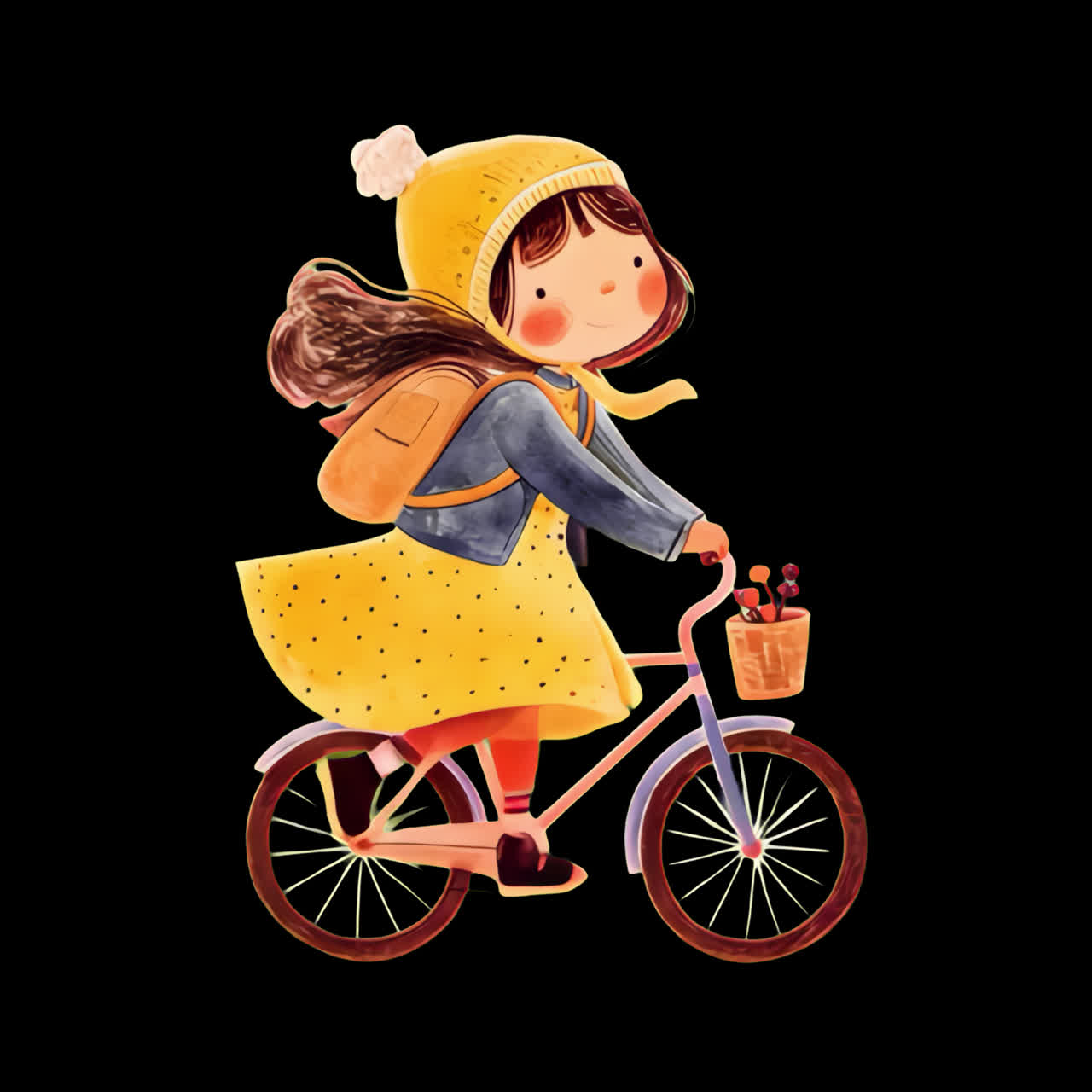Whimsical girl cycling illustration animation isolated asset, transparent 4K video, alpha channel