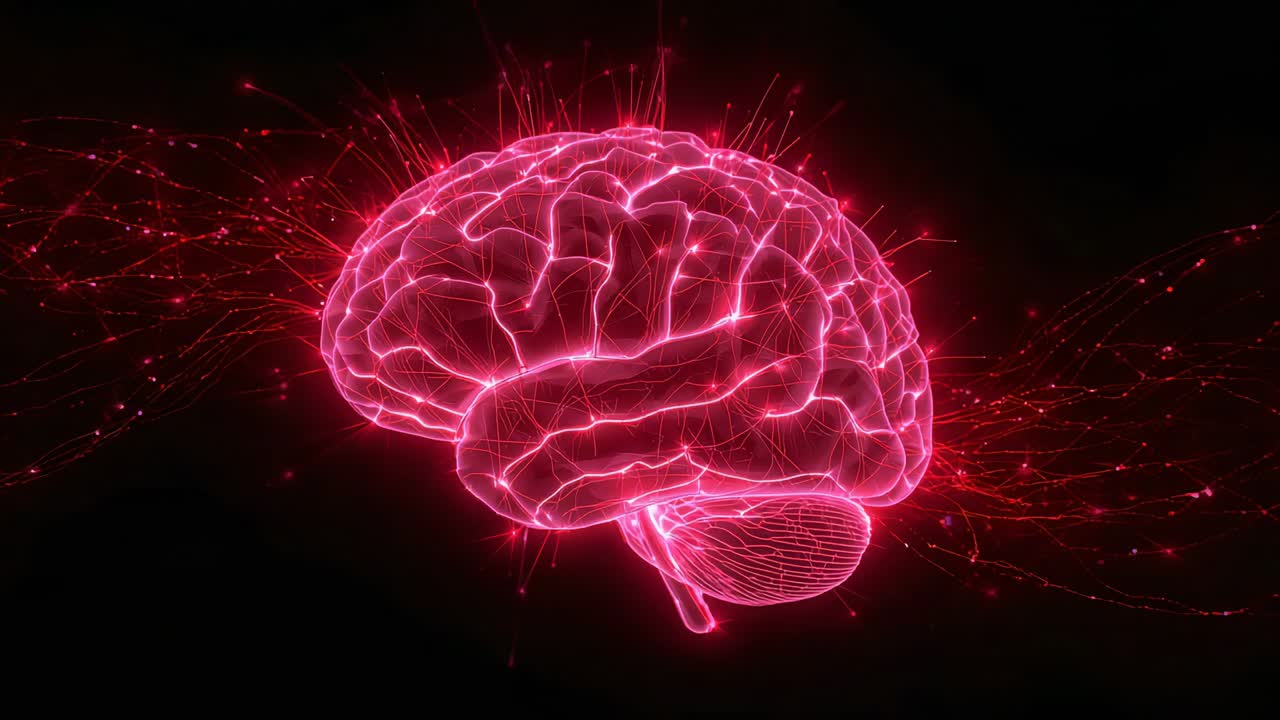 Pulsing neon-pink brain hologram brightening filaments, emitting red trails in void mapping signals