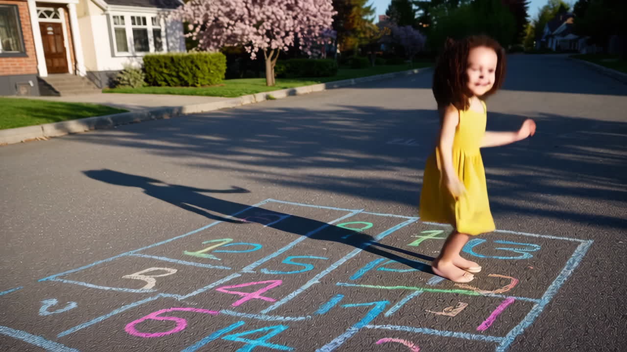Little Girl Playing Hopscotch on a Sunny Street