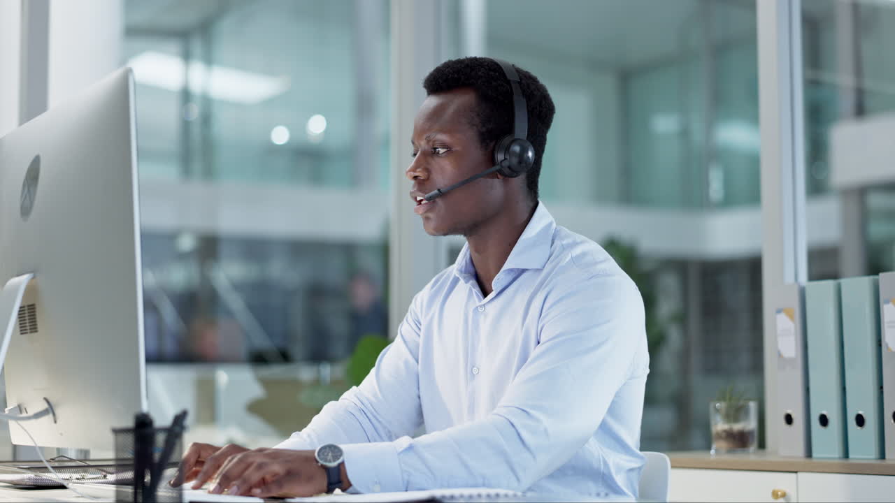 Black man, call center and consulting on computer