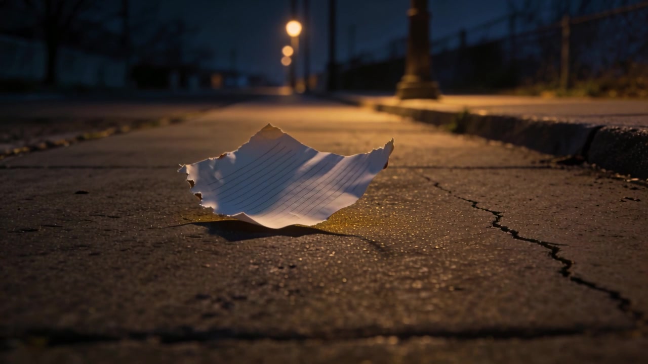 Carta a righe strappata che si solleva per una folata di vento, si capovolge e si posa su un marciapiede crepato sotto la luce di un lampione.