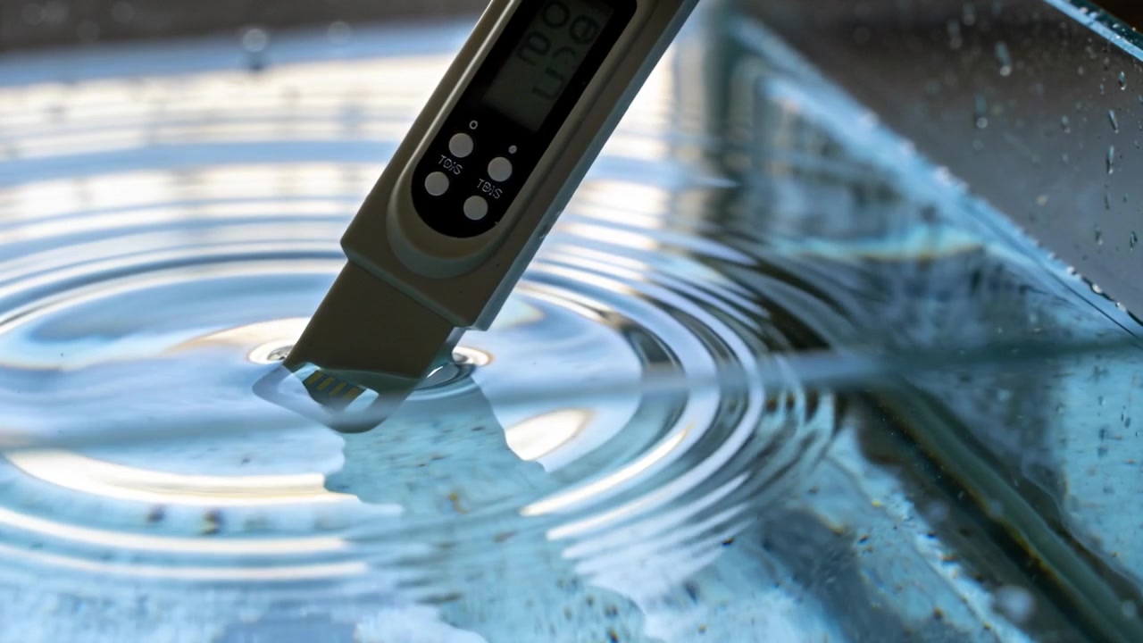 Sænker en sonde med LCD-knapper, der rører vandet og danner koncentriske ringe i en glastank til test.