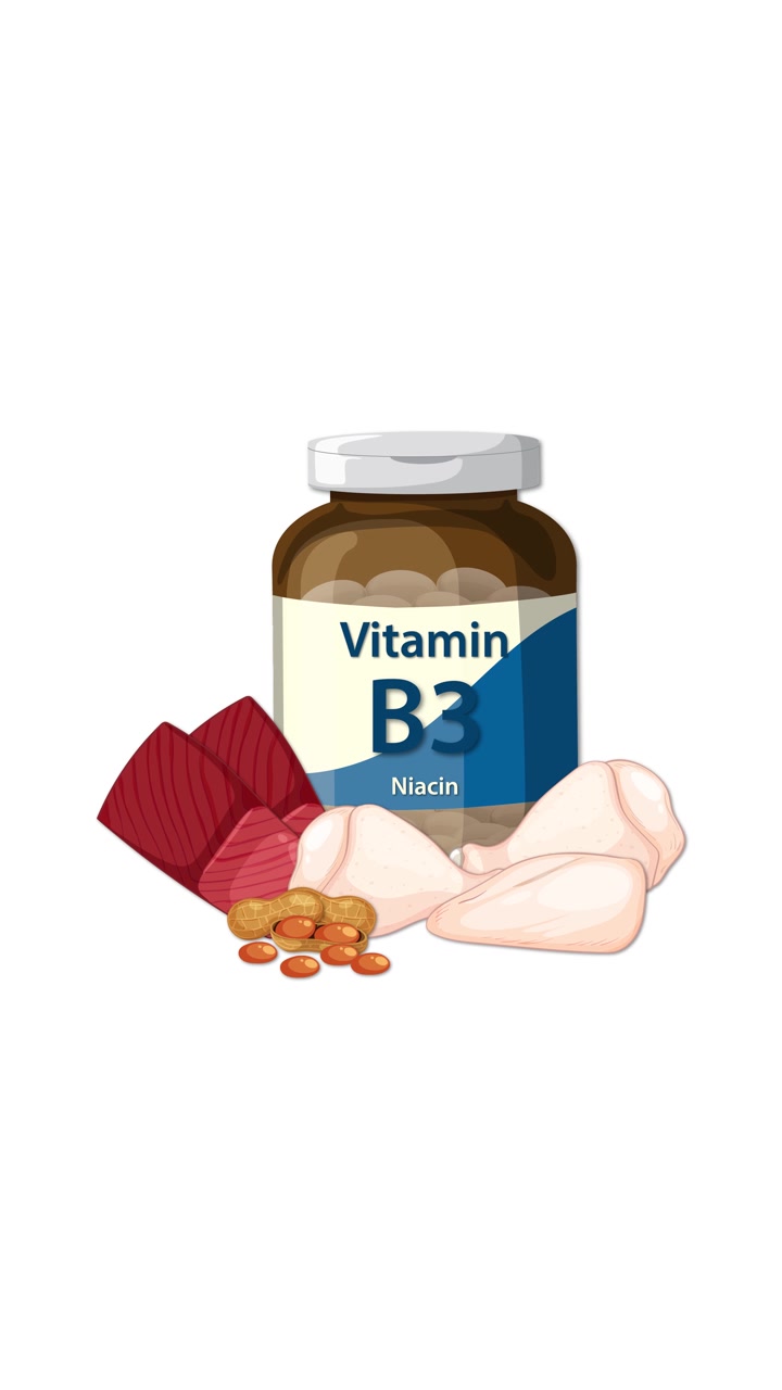 B3 vitamini takviye şişesi beliriyor, ardından beyaz arka plan üzerinde niasin açısından zengin gıdalarla çevrili.