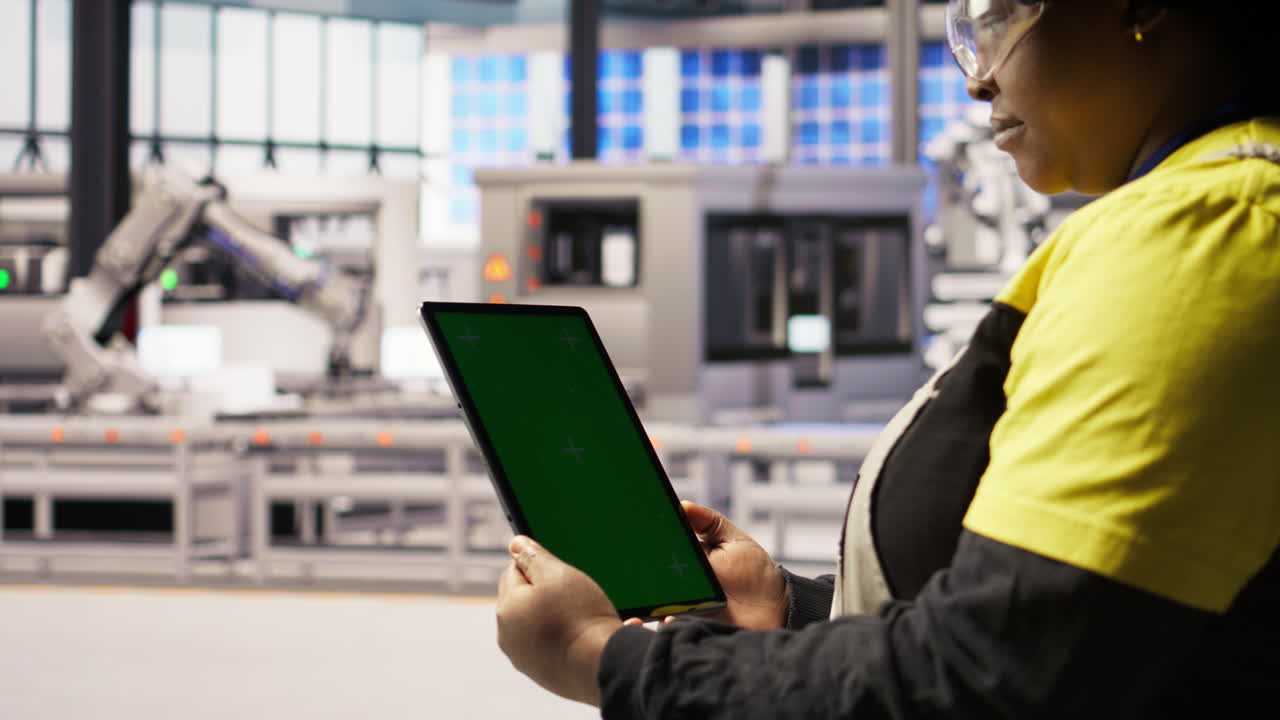 Vertical video Close up of mockup tablet used by engineer in factory to perform maintenance