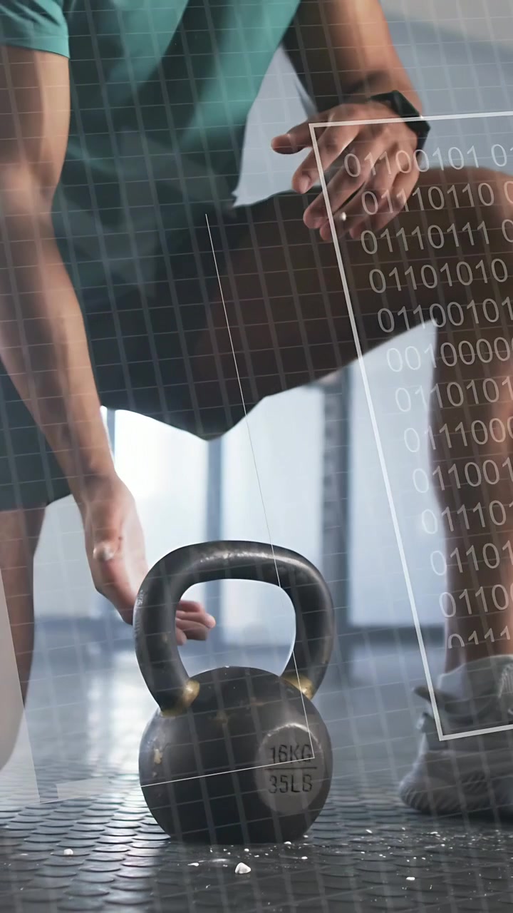 Vertical video: Fitness lifter clapping chalk then gripping 16KG kettlebell HUD grid preparing lift