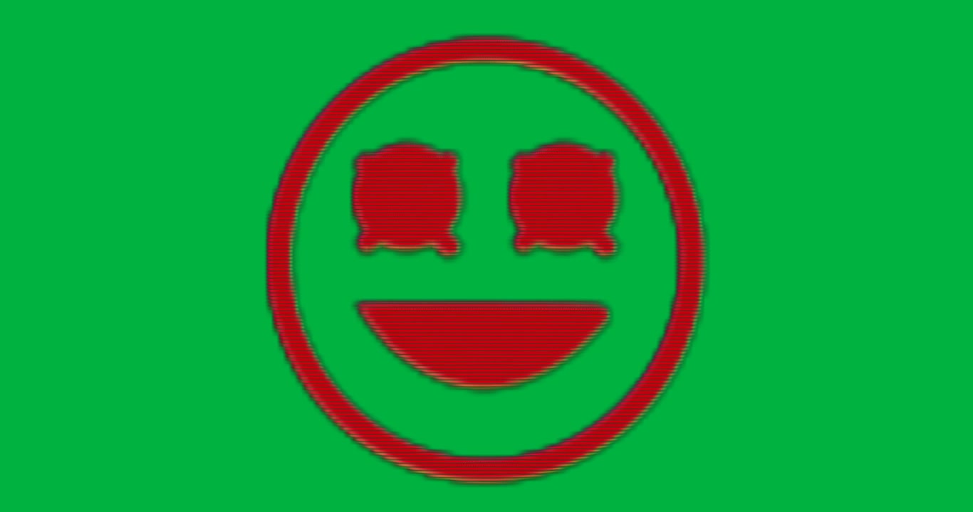 Red neon emoticon face glowing over clear background, showing glitchy scanlines for digital design