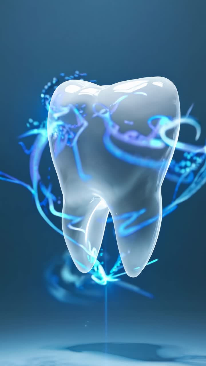 Close-up video concept of a glossy tooth surrounded by glowing blue swirls, captured from a low