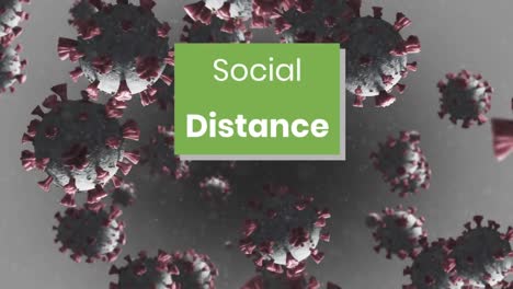 Social-distance-text-on-green-banner-over-multiple-covid-19-cells-floating-against-grey-background