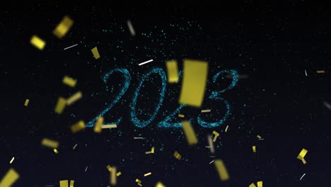 Animation-of-2023-text-in-blue-with-blue-new-year-fireworks-and-gold-confetti-in-night-sky