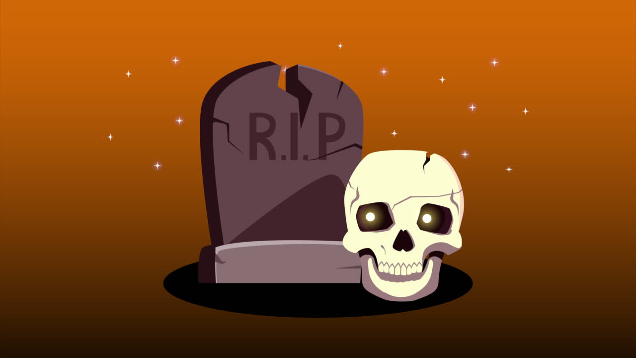 glückliche halloween-animation mit friedhof und schädel