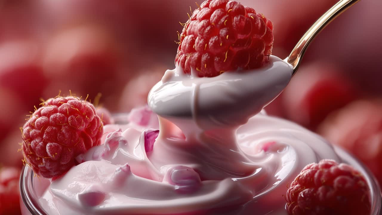 Spoon Lifting Fresh Raspberry from Creamy Pink Yogurt