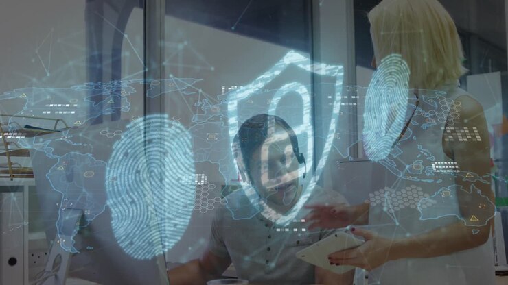 Animation of data processing and padlock over caucasian business people in office