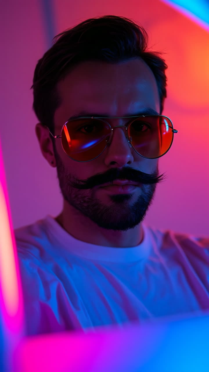 Stilfuld mand med solbriller og overskæg under neonlys