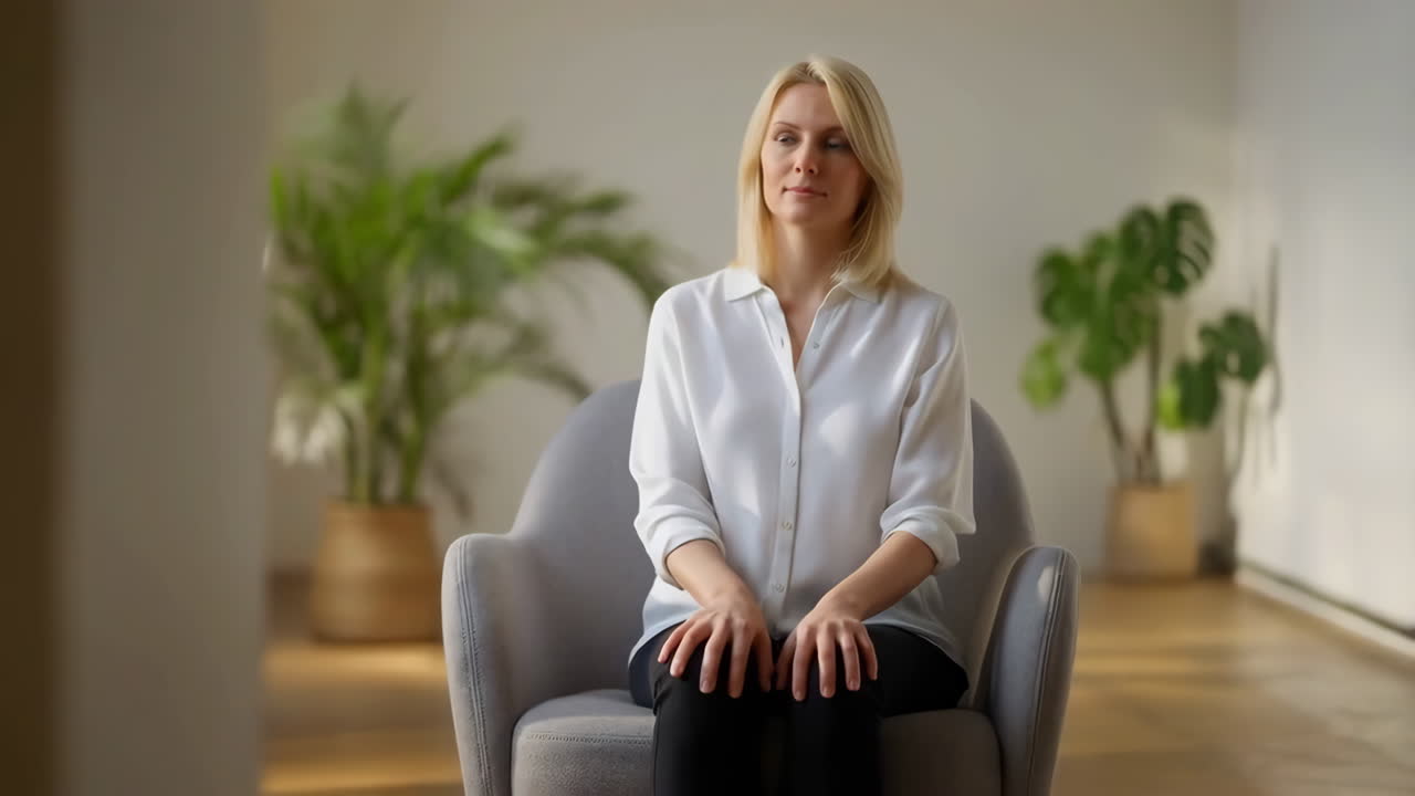 Blonde Woman Sitting in an Armchair in a Bright Room with Plants