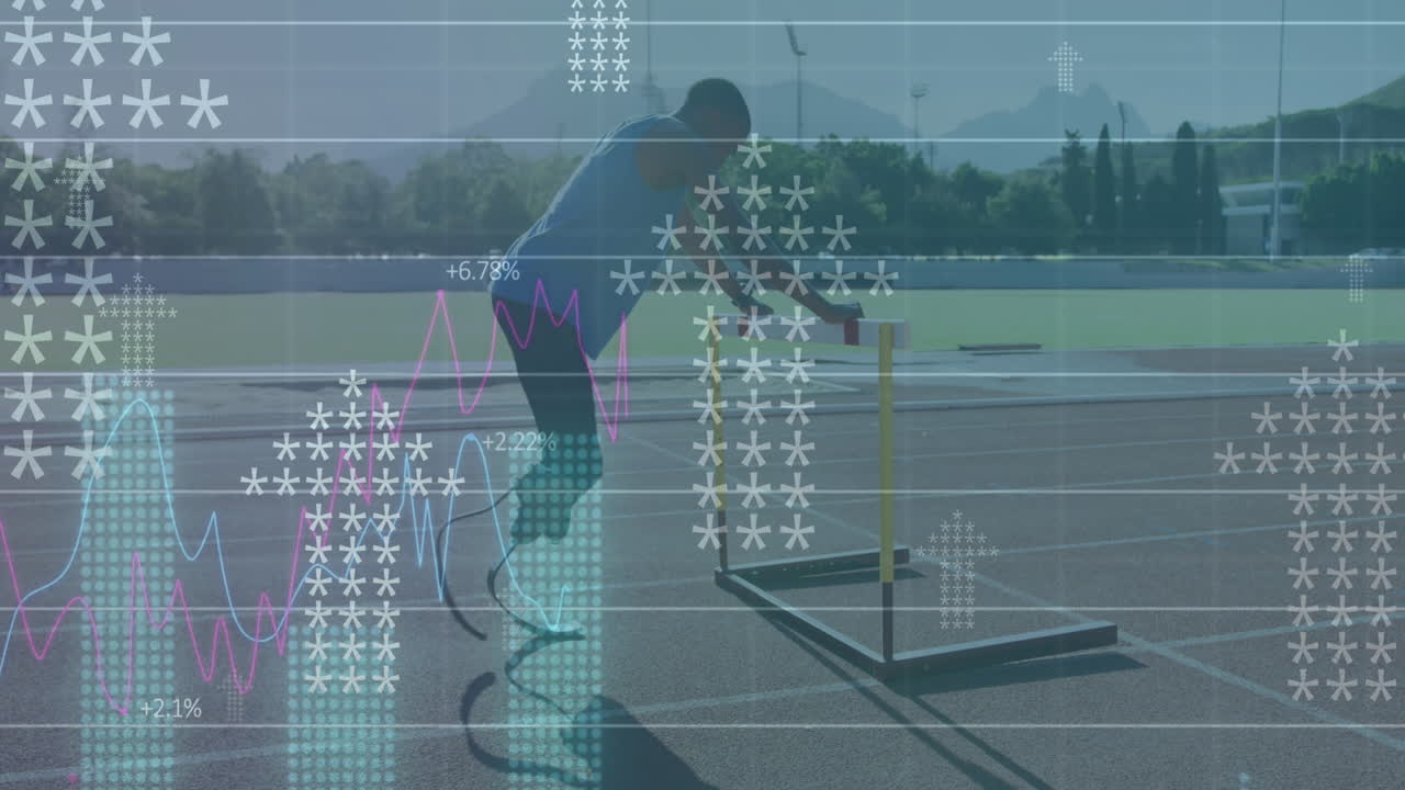 animación del procesamiento de datos sobre un atleta masculino discapacitado en la pista de carreras