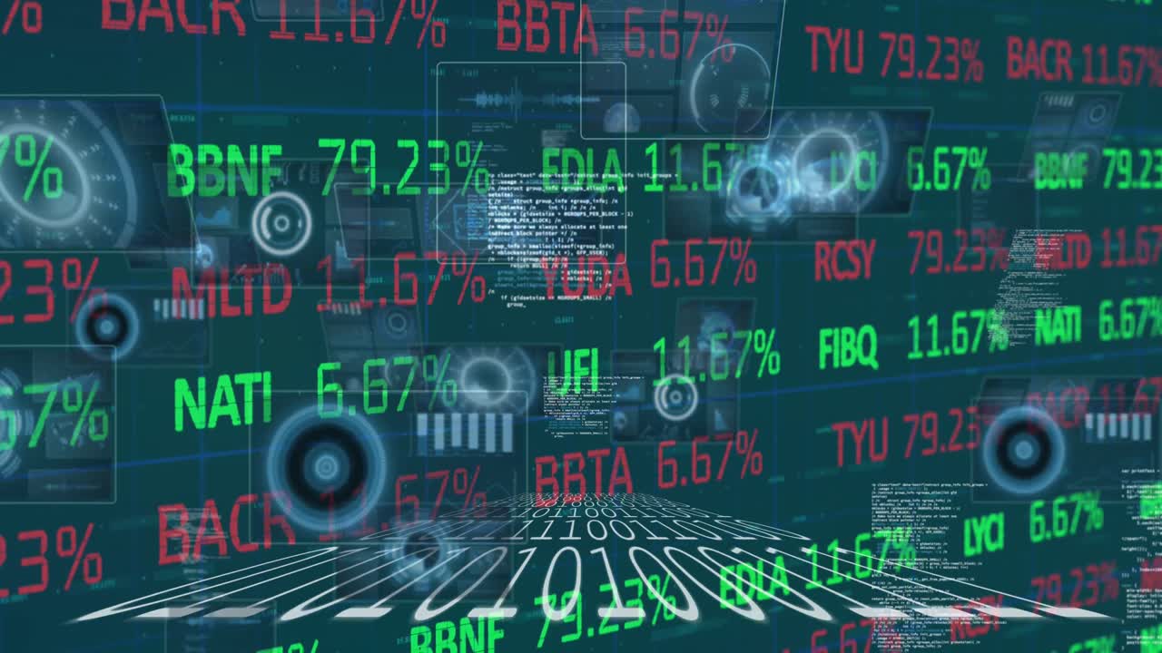 Animation of data processing and stock market on blue background