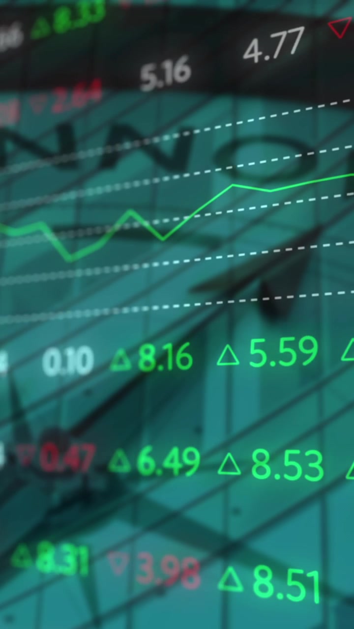 La animación muestra una pizarra de la bolsa de valores con gráficos y números cambiantes