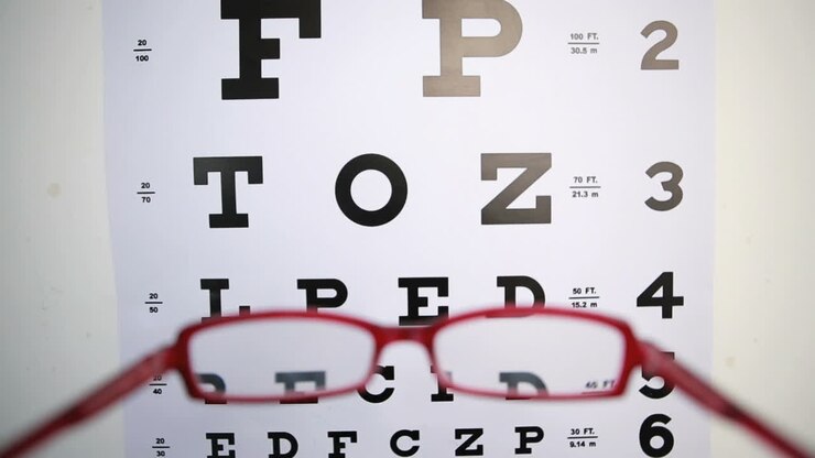 Glasses trying to focus on reading test