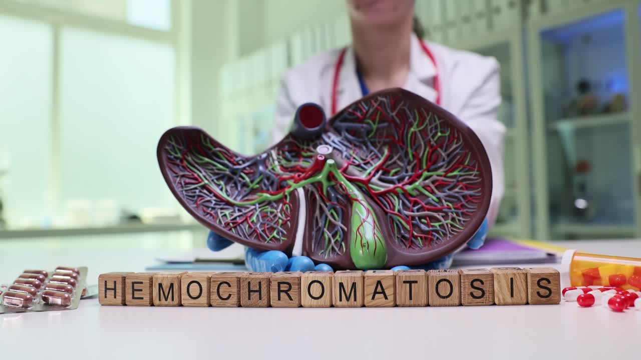 Wooden blocks spell hemochromatosis near liver model by doctor