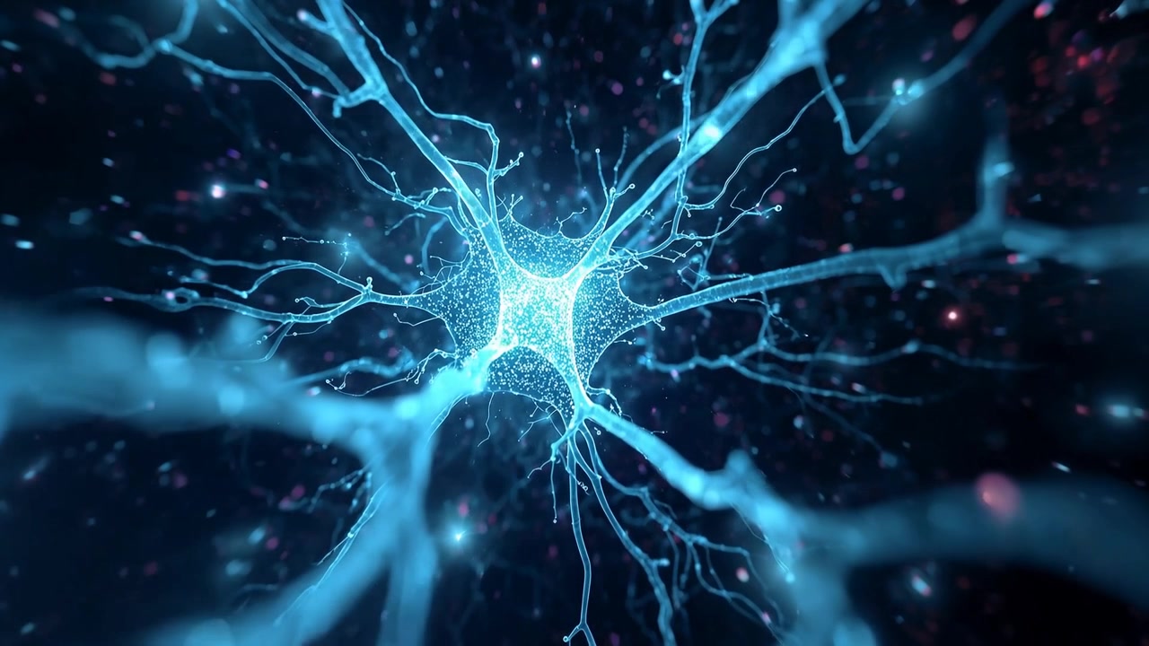 Pulsing neuron soma sending signal along branches in neural matrix, bead appearing moving inward