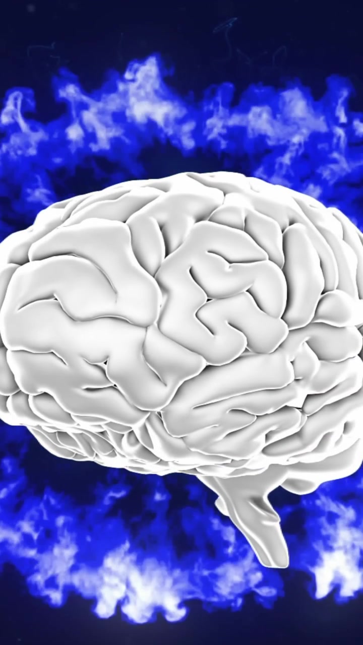 Animazione di un cervello umano che ruota su onde digitali blu luminose su sfondo nero.