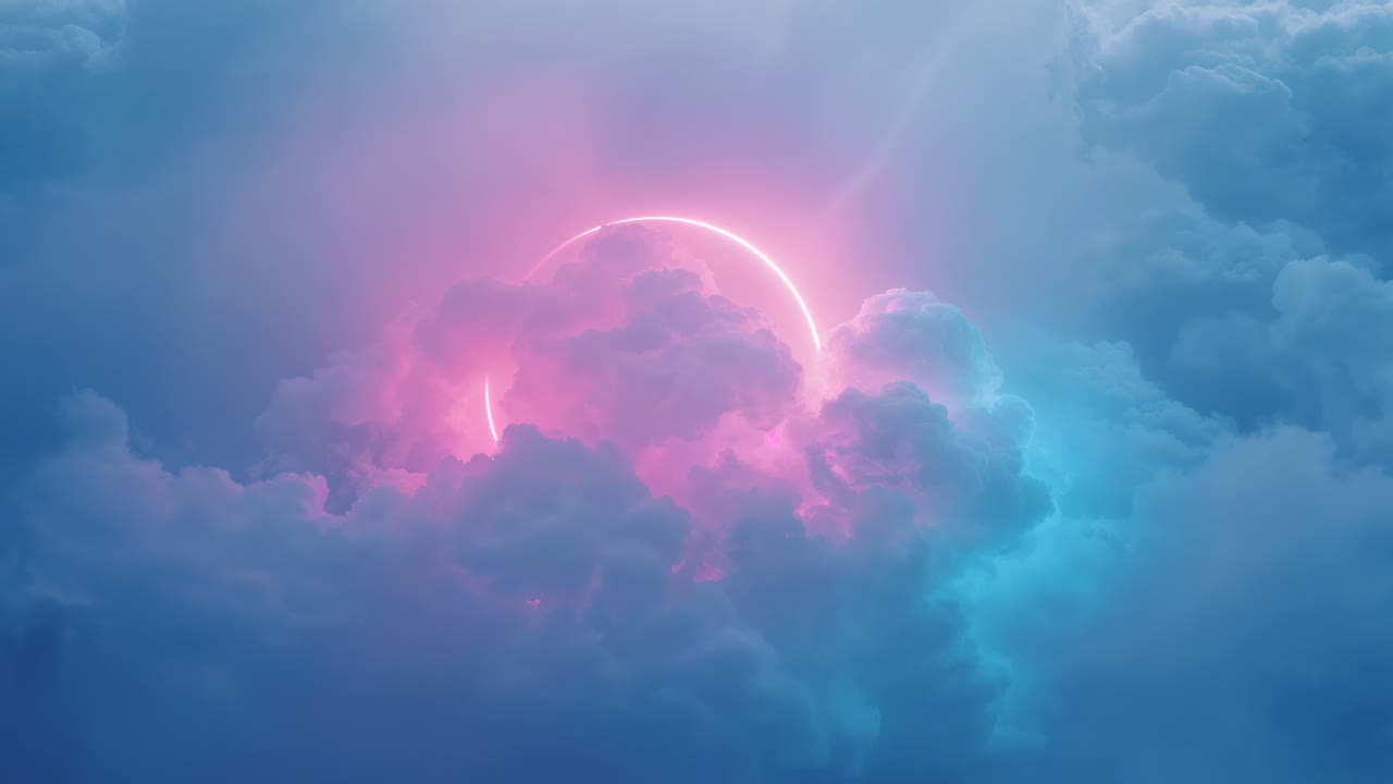 Peeking arc initiating neon ring forming in clouds, pulsing from pink to red over darkening sky