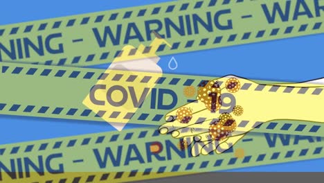 Yellow-police-tapes-and-Covid-19-cells-over-sanitizing-hands-on-blue-background