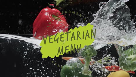 animation of vegetarian menu text over fruit falling in water background