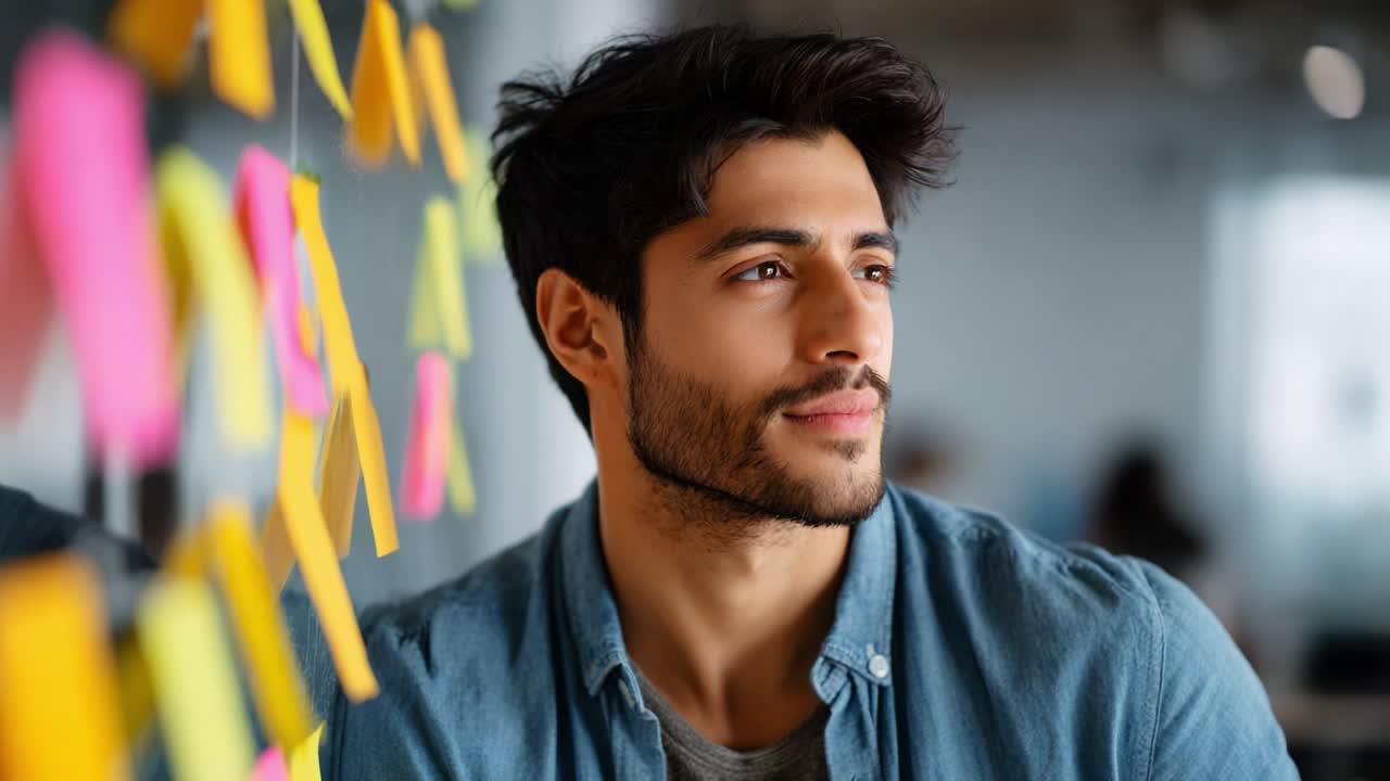 A contemplative young man with dark hair and a beard, immersed in thought while seated next to a wall adorned with colorful sticky notes that symbolize ideas and creativity, creating a vibrant and inspiring atmosphere