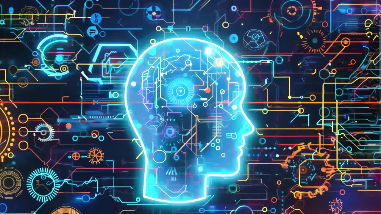 A computer generated image of a head with a brain and a bunch of gears. The image is colorful and has a futuristic feel to it