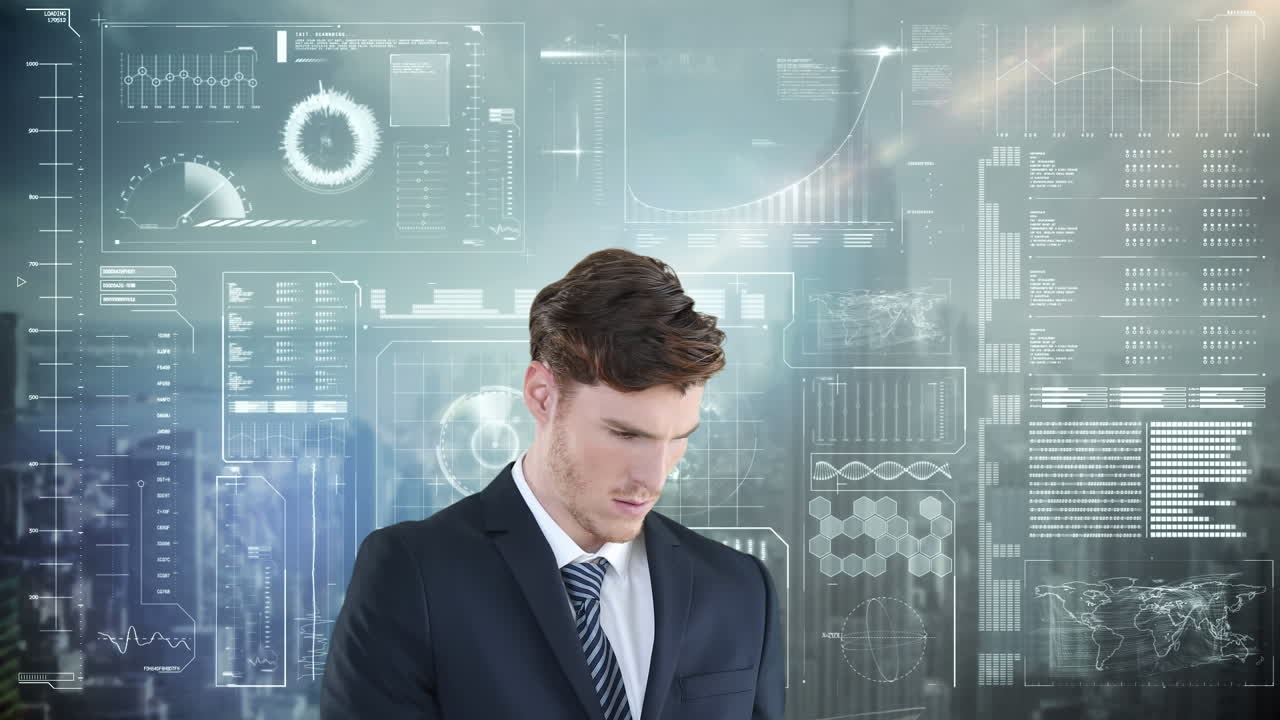 анимация кавказского бизнесмена над разнообразными данными и городским пейзажем