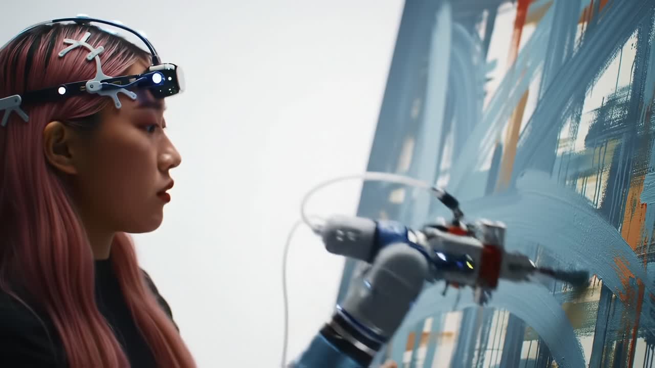 Artistic Collaboration: A Robotic Arm Assists a Young Artist in Creating an Innovative Painting, Blending Technology with Creative Expression on Canvas