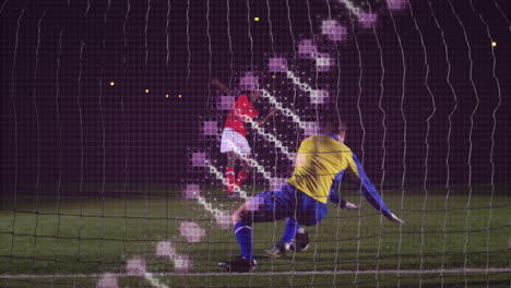 goalkeeper in yellow jersey saving ball with digital animation overlay on net
