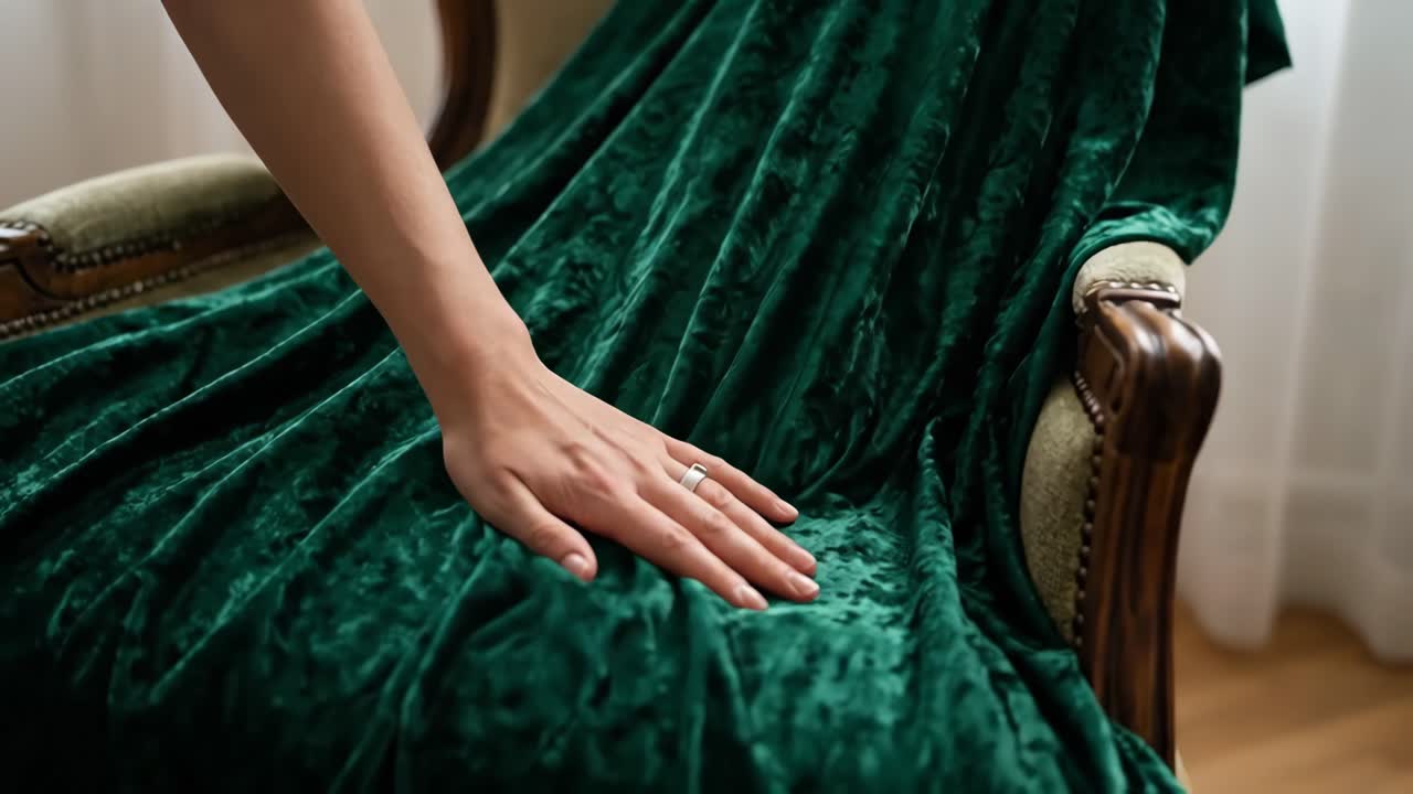 Mano tocando un lujoso tejido de terciopelo verde en un sillón