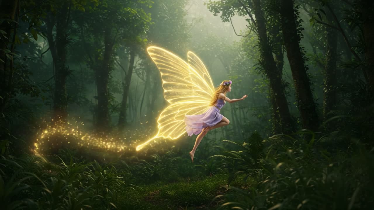A Magical Fairy Flutters Through Enchanting Forest, Leaving a Trail of Sparkling Light, Capturing the Essence of Mystical Beauty and Nature's Wonder