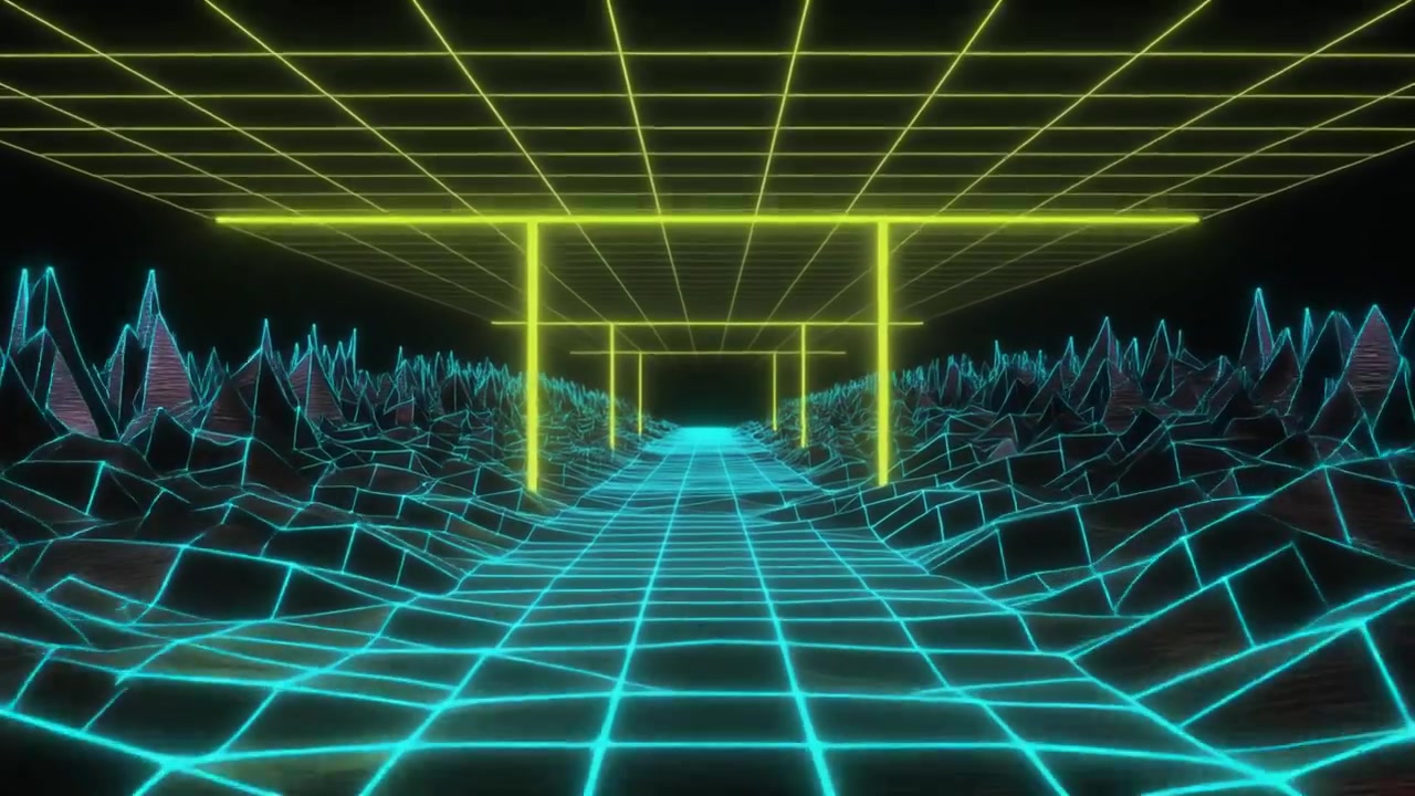 Paesaggio digitale Retro Synthwave con griglia al neon luminosa