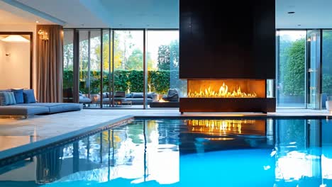 a modern living room with a pool and a fireplace