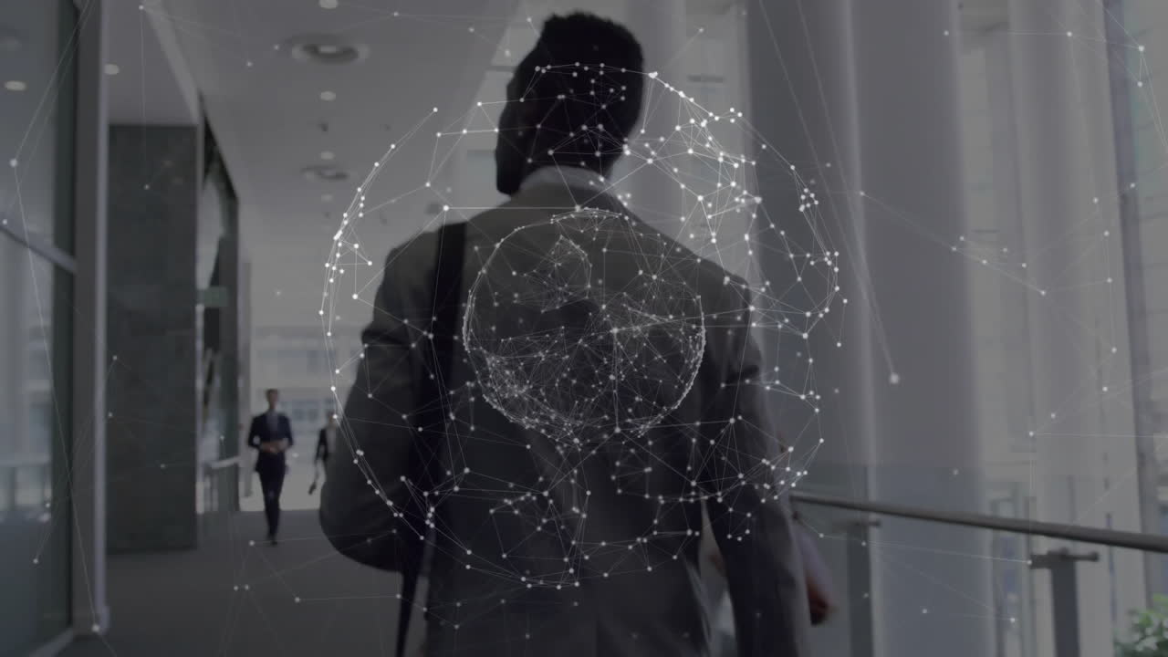 animación de la red de conexiones sobre diversos colegas que caminan en la oficina