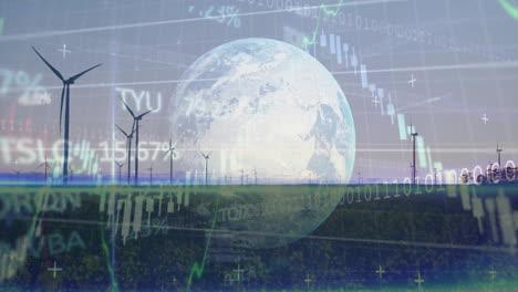 Wind turbines in field with financial data and Earth animation overlay