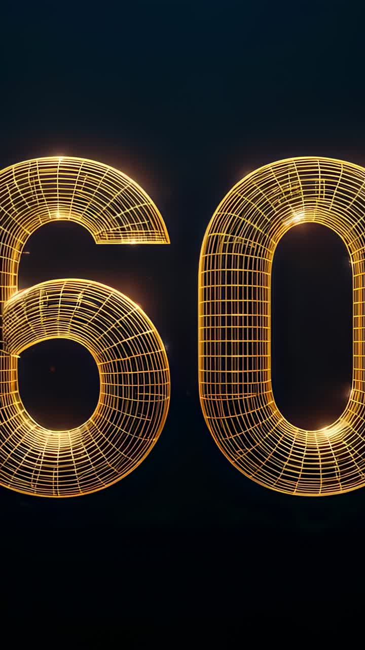 Vertical video: Animating pulsing golden 3D wireframe 60 on dark backdrop, glowing edge grid lines