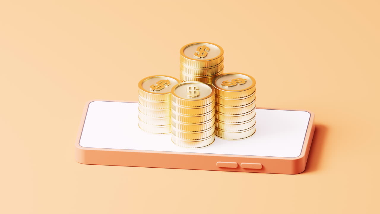 Cell phone and golden coins, 3d rendering.