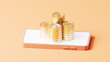 teléfono celular y monedas de oro, renderización en 3d.