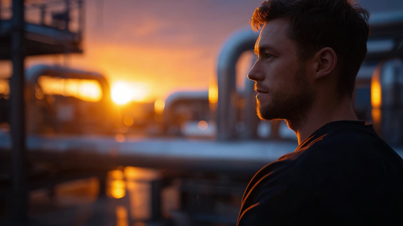 Reflective Scene at Sunset: A Man Contemplates Amidst Industrial Pipes and a Vibrant Sky, Capturing the Essence of Contemplation in a Beautiful Urban Setting