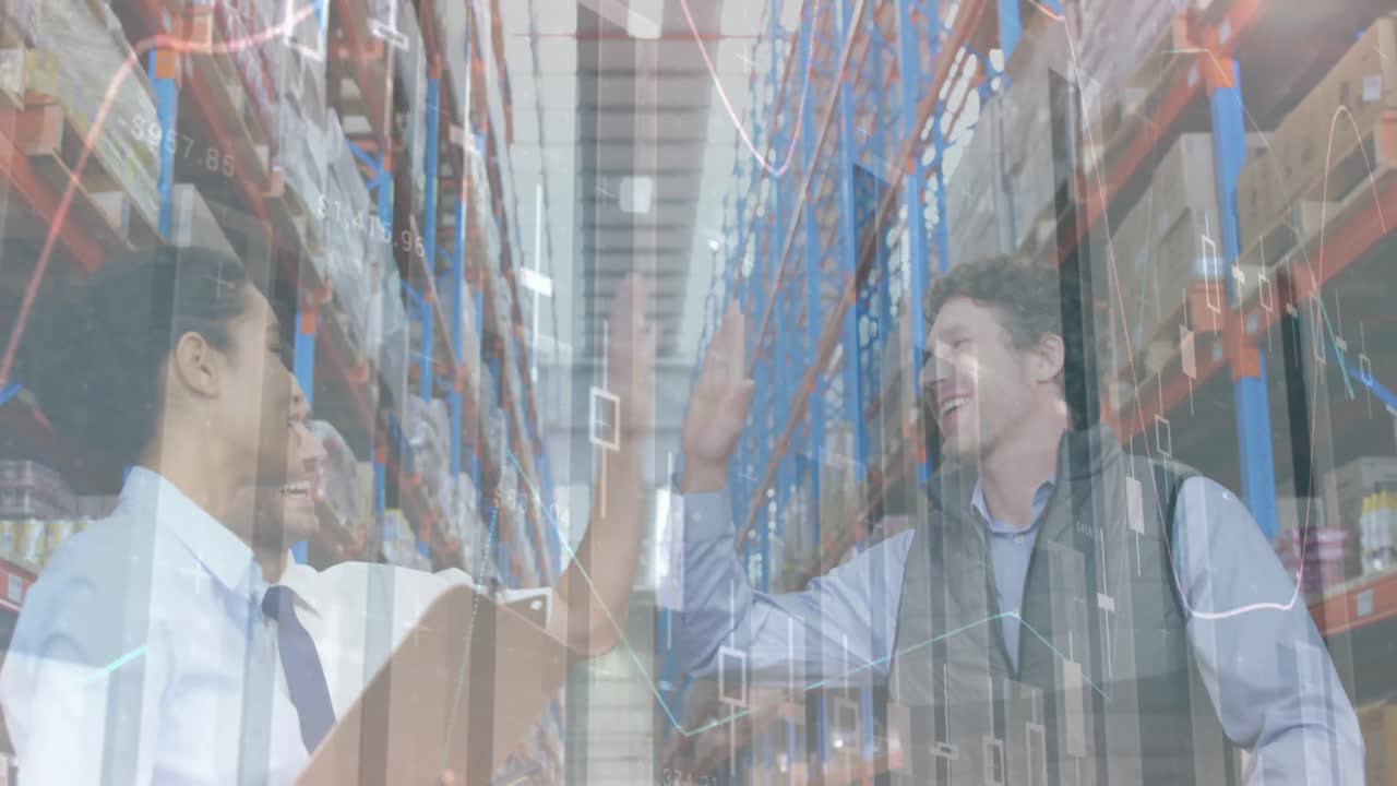 창고에서 일하는 사람들에 대한 금융 데이터 처리의 애니메이션