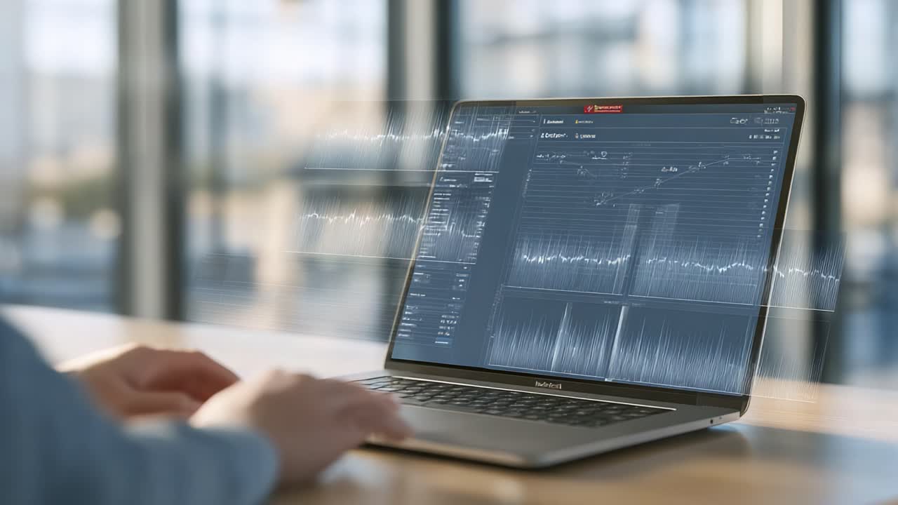 En praktisk dataanalyseøkt som viser sanntidsvisualiseringer og bølgeformer på en elegant laptopskjerm, med vekt på de interaktive funksjonene i moderne analyseverktøy.
