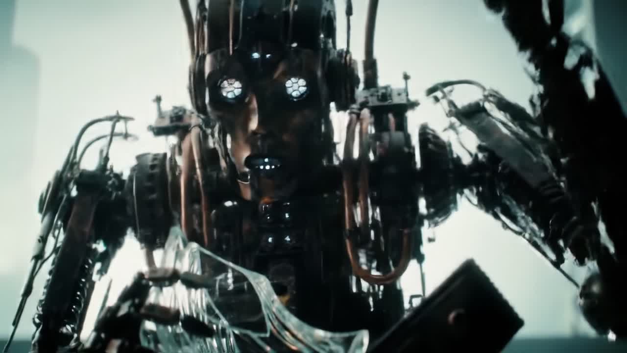 A close-up of a highly detailed robotic figure showcasing advanced mechanical design, distinct features, and intricate components, highlighting the intersection of technology and artistry