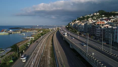 tram highway and sea aerial view