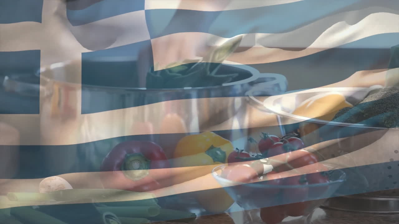 Greek flag animation over fresh vegetables and cooking in kitchen