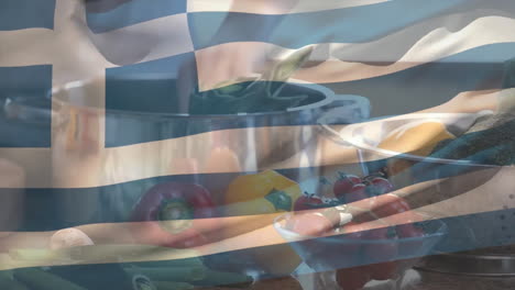 greek flag animation over fresh vegetables and cooking in kitchen