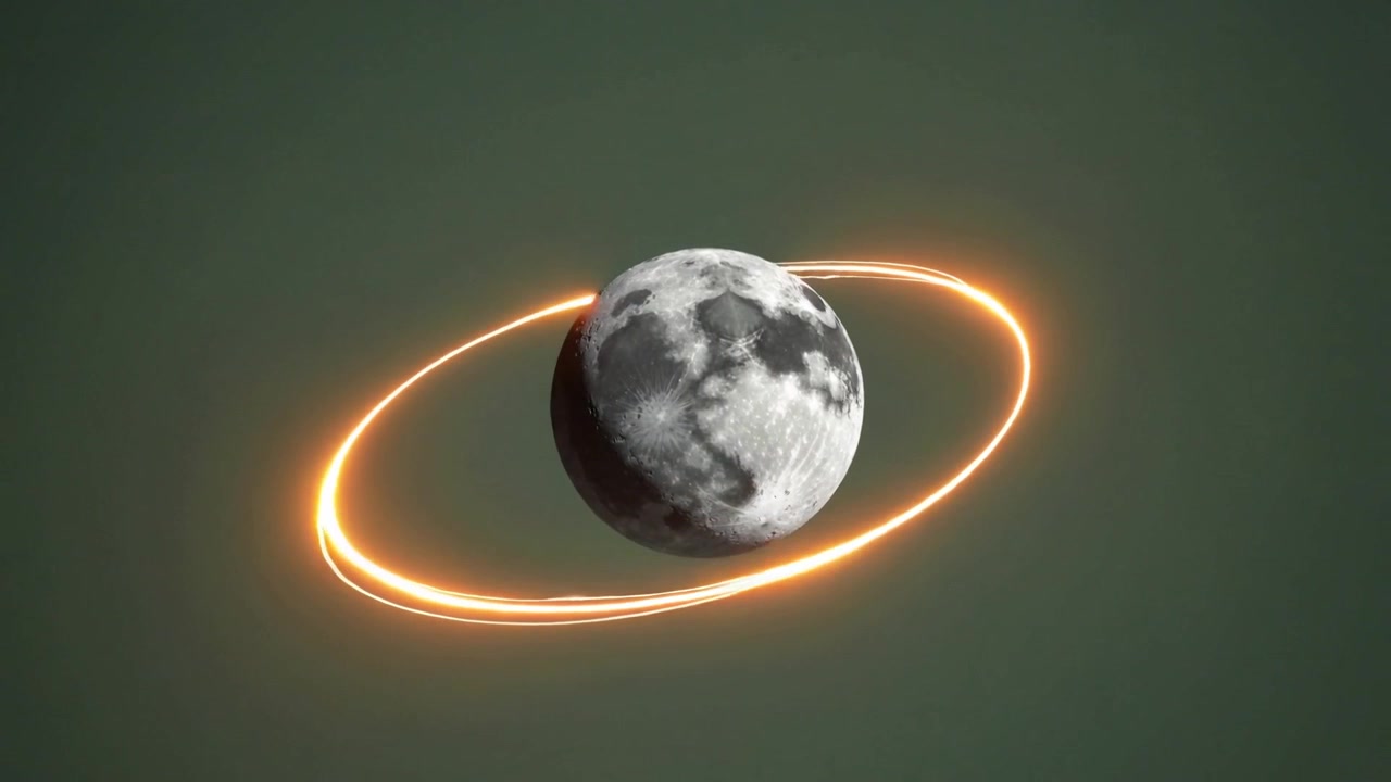 Appearing orange ring orbiting textured moon on dark green gradient, highlighting surface shadows